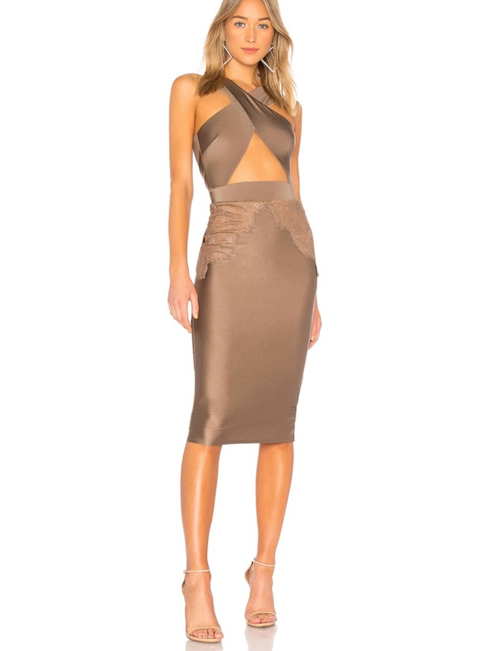 Michael Costello Bronze One-Shoulder Cutout Midi Dress